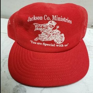 Vintage USA made trucker hat snapback Jackson Co. Ministries red fruit of loom
